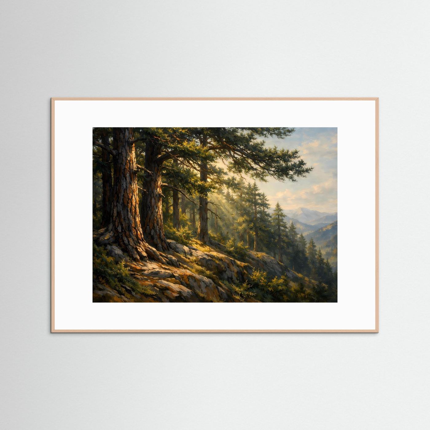 Wandbild mit Wald- und Bergmotiv, brauner Rahmen und weißes Passepartout