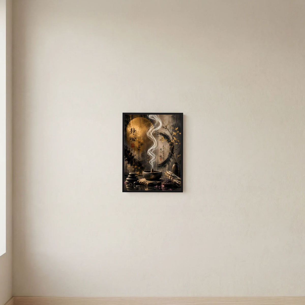 Gerahmtes Wandposter mit goldenem Kreis, weißem Räucherrauch und dunklem Bildmotiv.