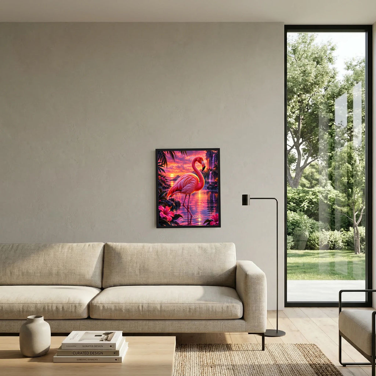 Flamingo-Tierposter an der Wand: pinker Vogel vor Wasserfläche mit farbigem Sonnenuntergang