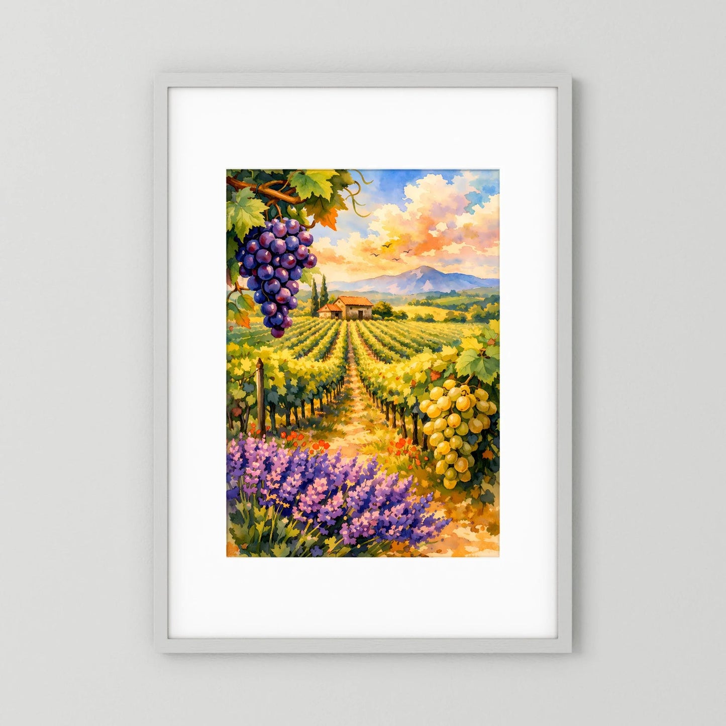 Hochformat-Poster im Rahmen: Aquarell mit Weinreben, Lavendel- und Feldlandschaft