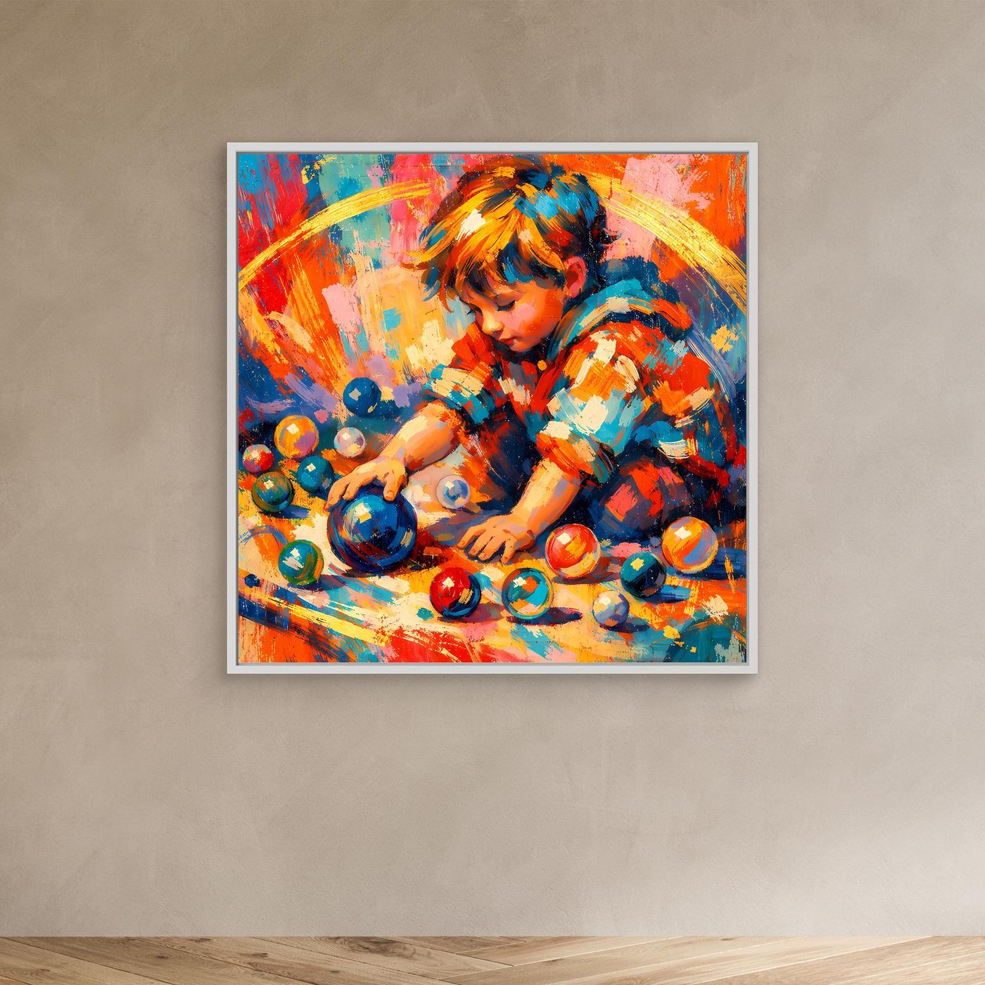 Leinwandbild Spielendes Kind mit bunten Kugeln, abstraktes Portrait, mit hellem Rahmen