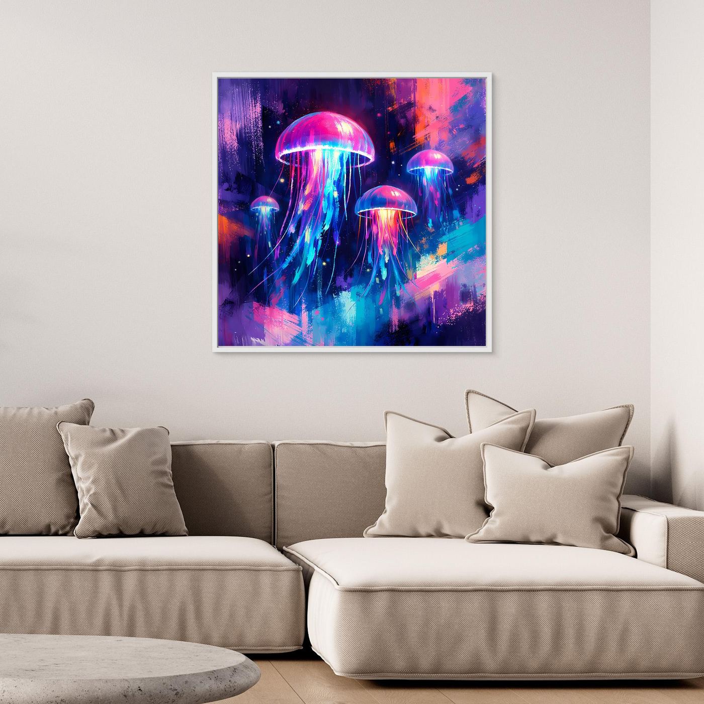 Leinwand Magische Leuchtquallen im Tiefsee-Ozean | Abstraktes Neon Wandbild
