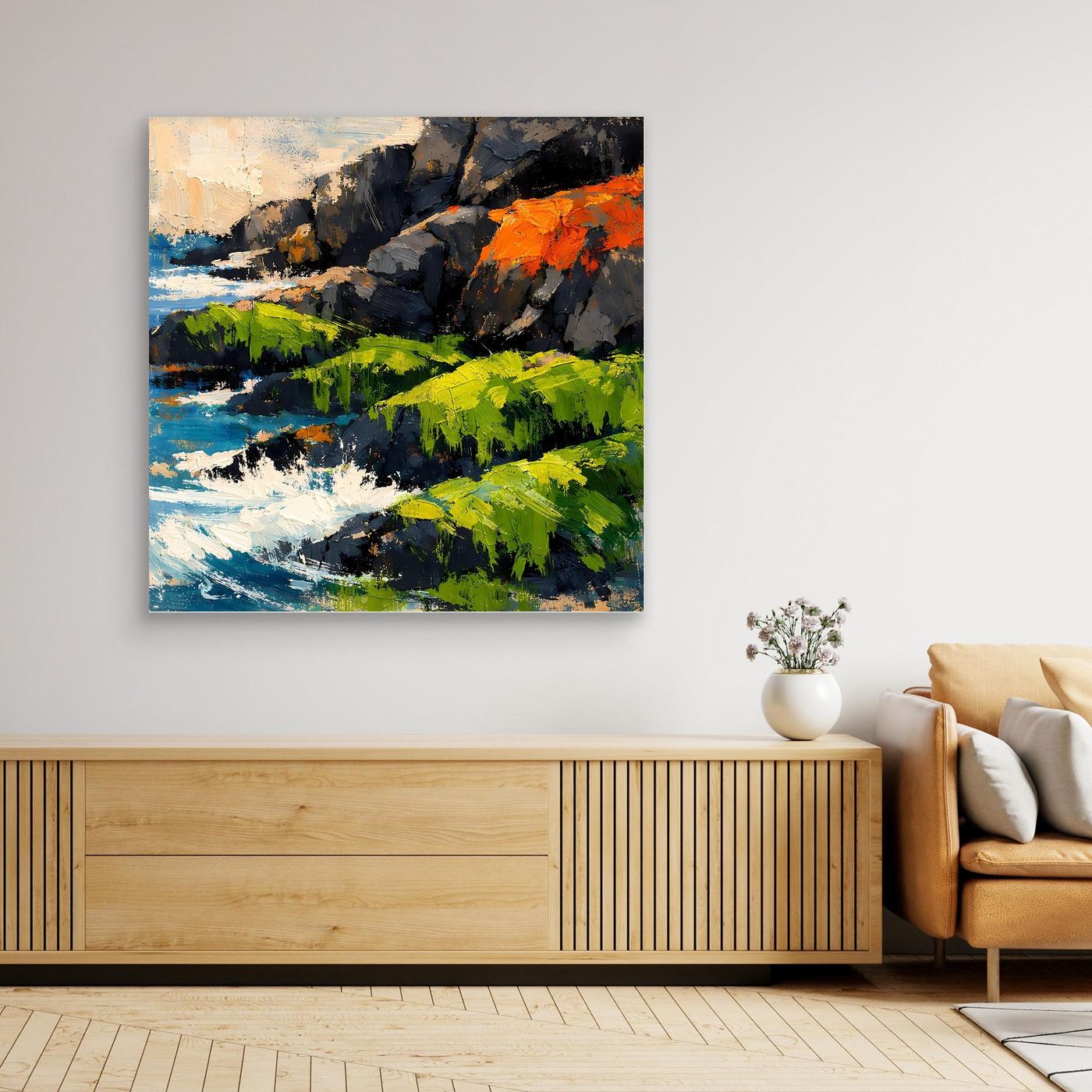 Abstraktes Küstenlandschaft-Wandbild mit blauem Meer, weißem Schaum und grünen Vegetationsflächen