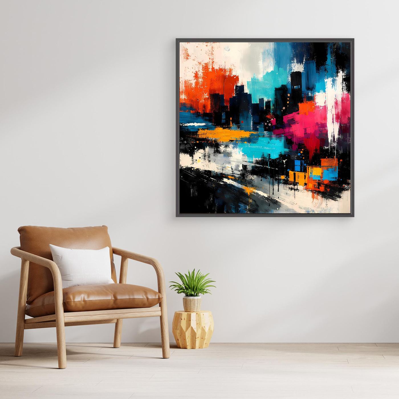 Abstract city skyline canvas wall art with vivid red and teal accents and dark blue details