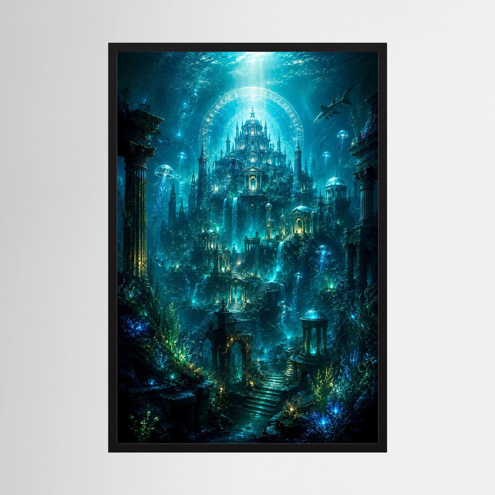 Poster im schwarzen Rahmen mit versunkenem Tempel und leuchtenden Quallen im Blaugrün