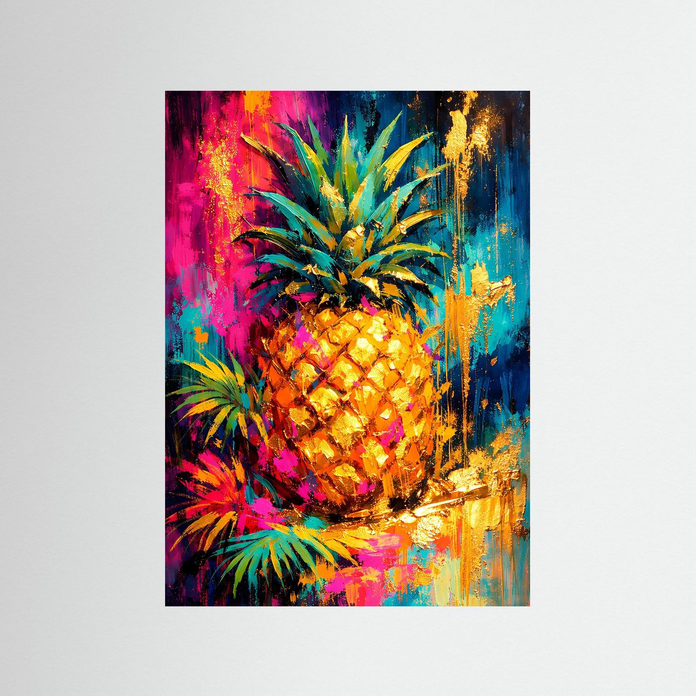 Kunstdruck im Hochformat: farbenfrohe Ananas mit Palmenblättern und goldenen Akzenten
