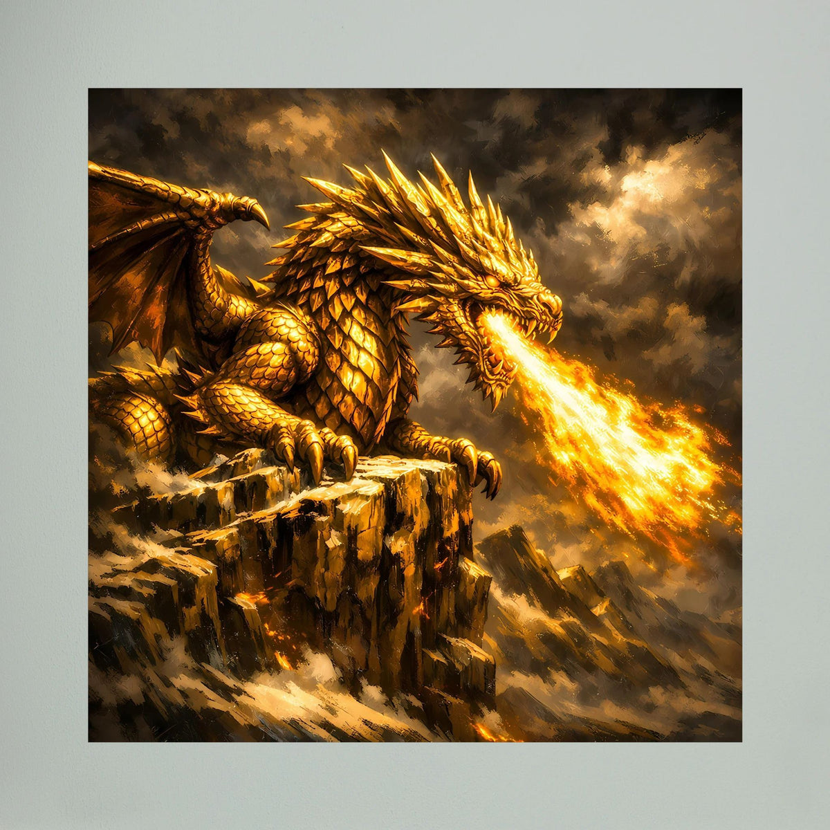 Leinwand-Fantasy-Wandbild: goldener Drache mit Flügeln, Feueratem aus dem Maul (Nahansicht)