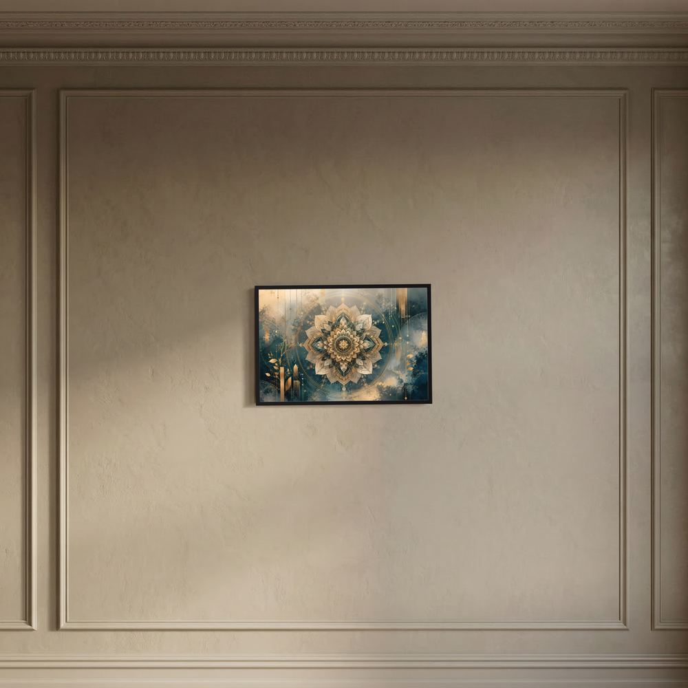 Wandhängendes, kleines gerahmtes Poster im Querformat mit goldener Lotus-Mandala-Geometrie