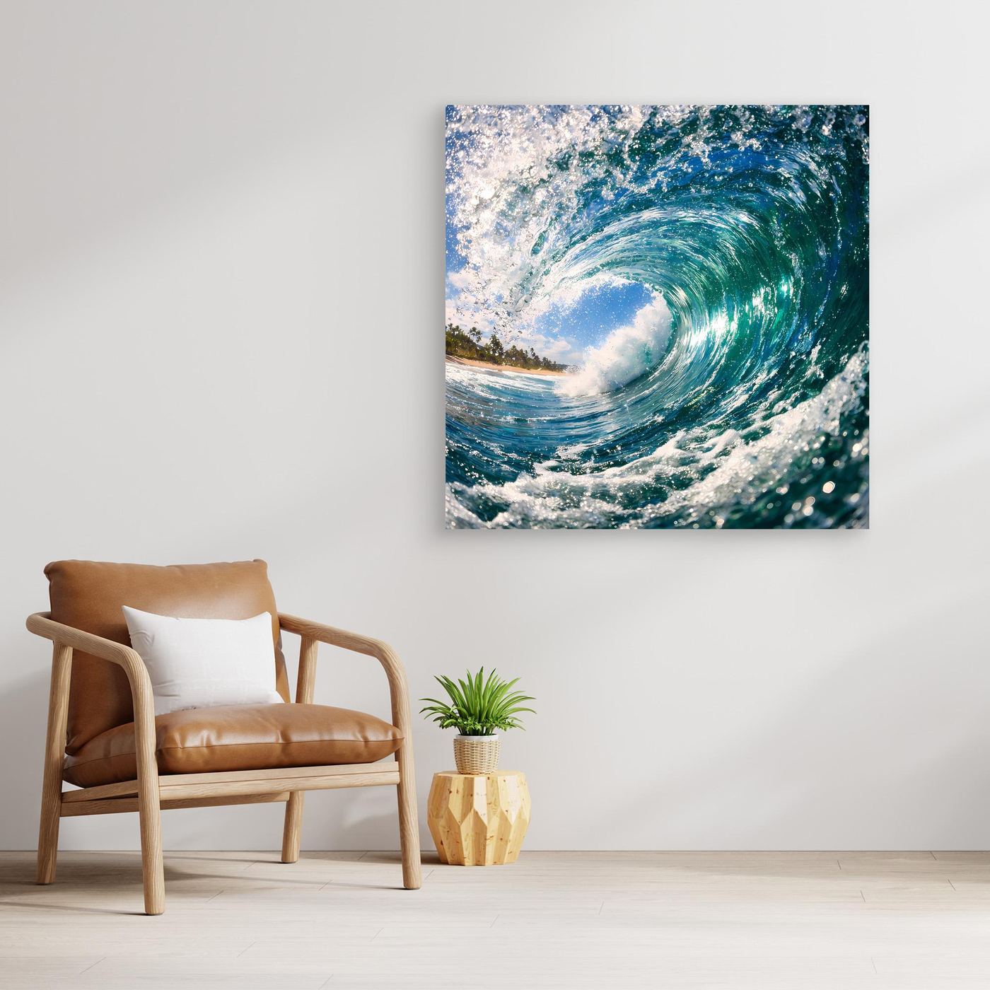 Rechteckiges Leinwandbild mit türkisblauer Ozeanwelle und Spritzern, im maritimen Look