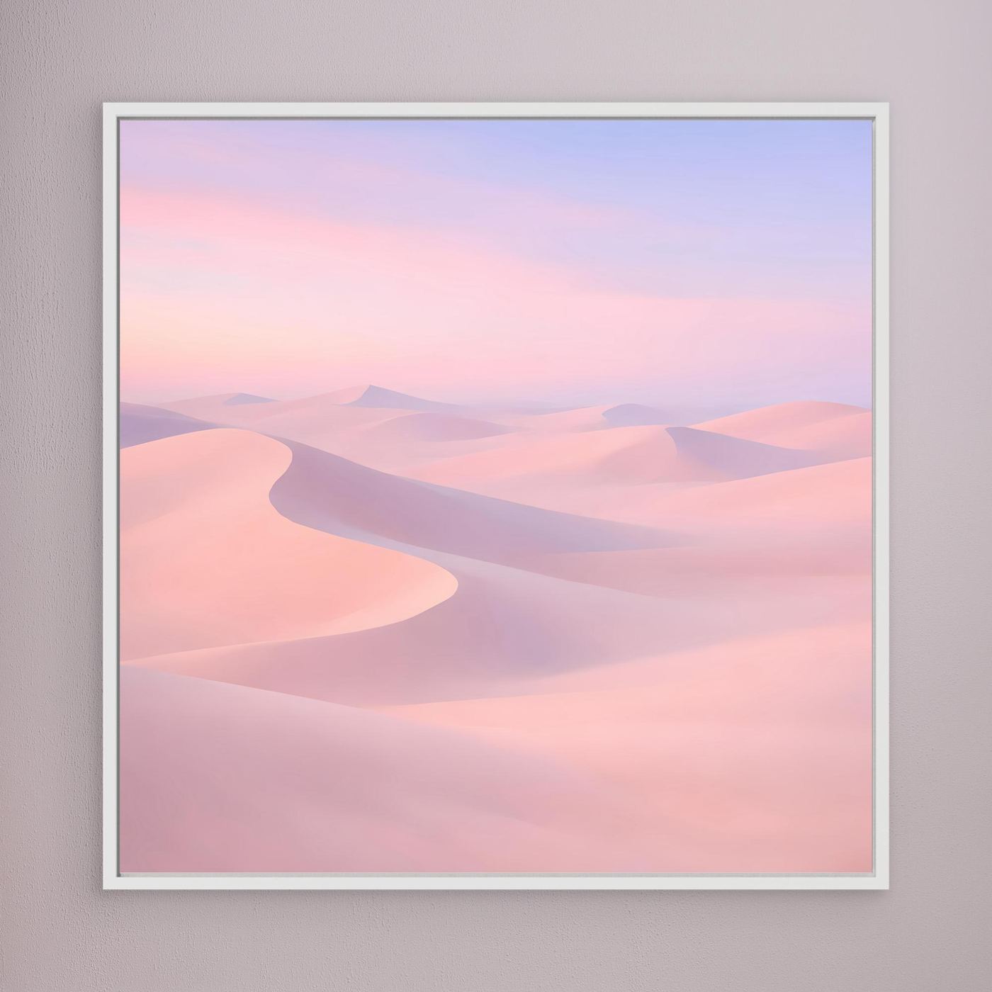 Quadratisches Leinwandbild mit Pastell-Wüstendünen in Rosa und Flieder, weißer Rahmenumrandung