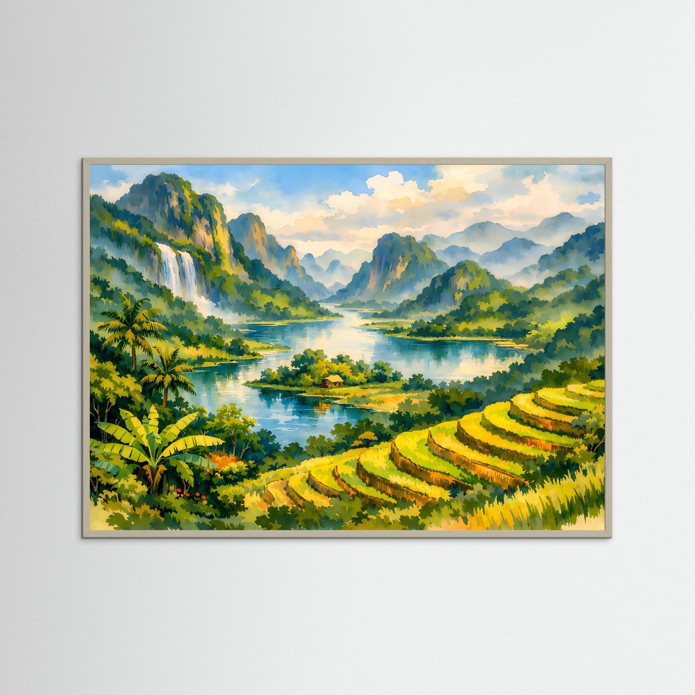 Tropisches Tal mit Reisterrassen und Fluss | Panorama Natur & Landschaft Poster Querformat