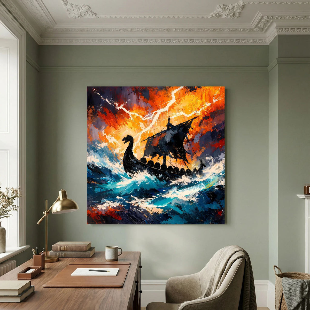 Keilrahmen-Wandbild mit Wikinger-Langschiff im Gewittersturm, kräftige Farben und Flammenhimmel