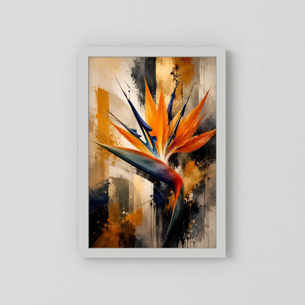 Hochformat-Poster mit abstrakter Strelitzie, orange und blaue Akzente, im weißen Rahmen