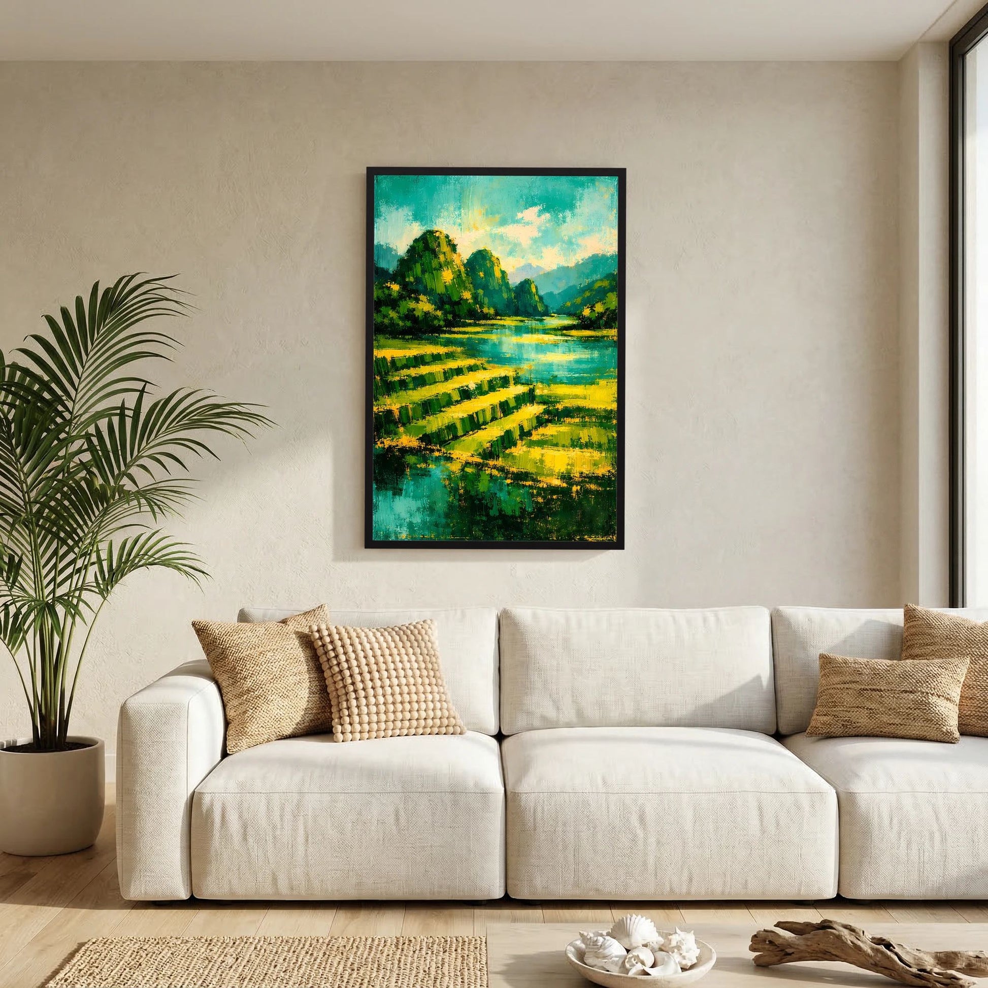Hochformat-Poster mit abstrakter Flusslandschaft in Grün und Gold, schwarzer Rahmen.
