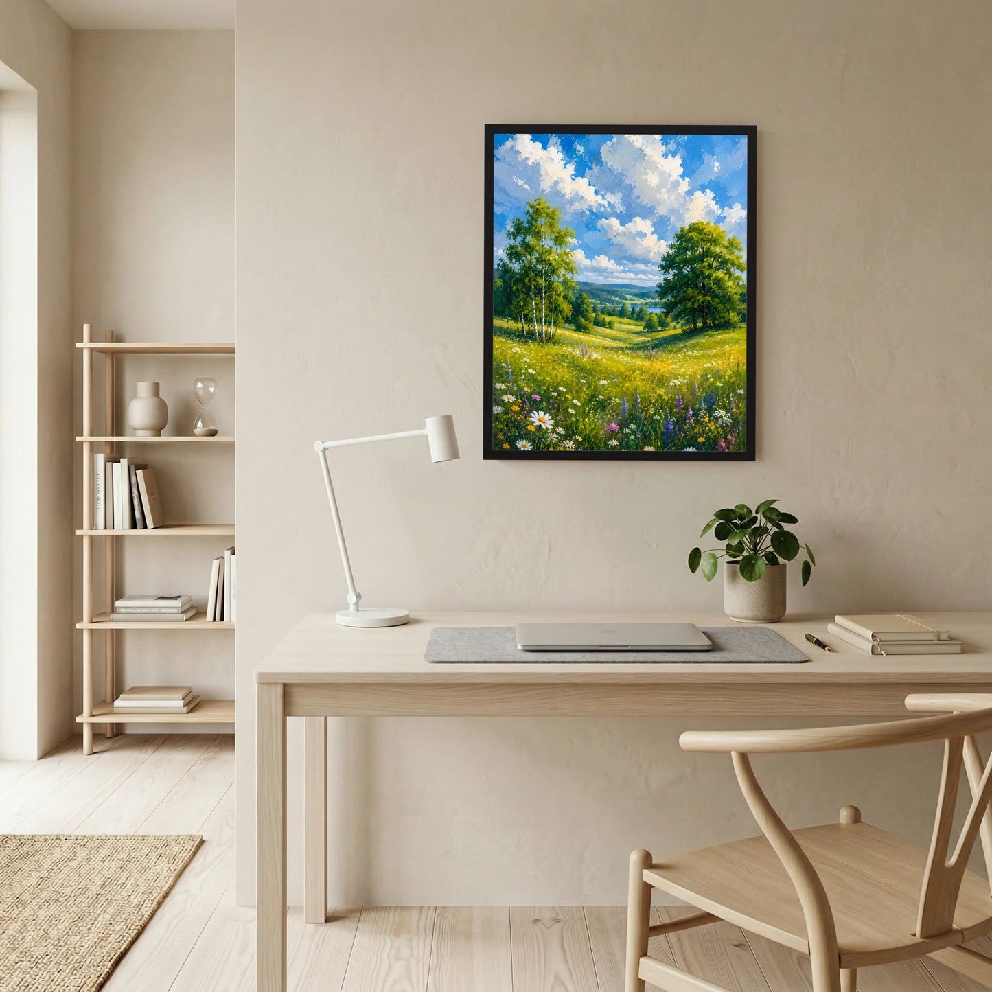 Dunkel gerahmtes Kunstposter mit Landschaft: blühende Wiese, Bäume und blau bewölkter Himmel