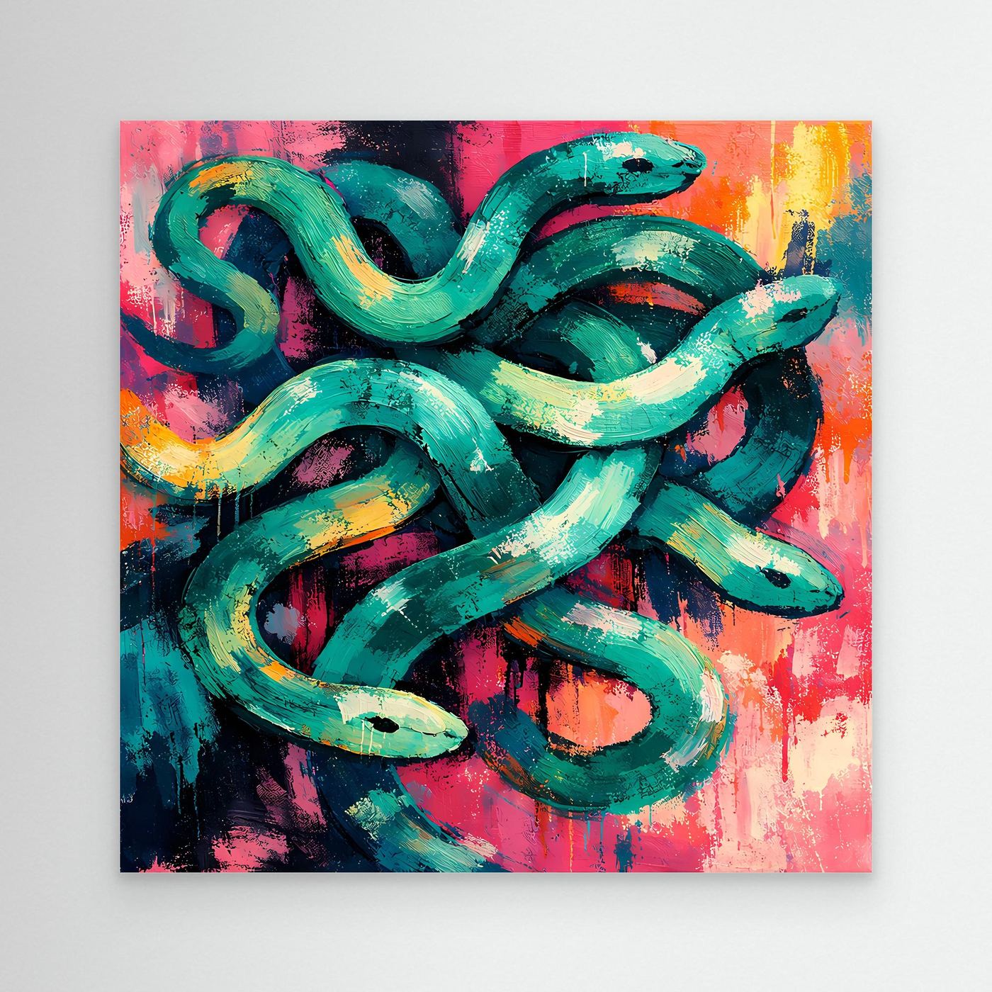 Abstract snake canvas wall art, teal coiled forms on pink and orange splashes