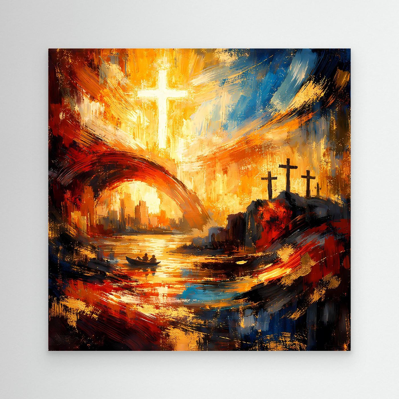 Leinwandbild mit abstraktem Kreuzmotiv, warmes Licht über Flusslandschaft in Orange und Blau