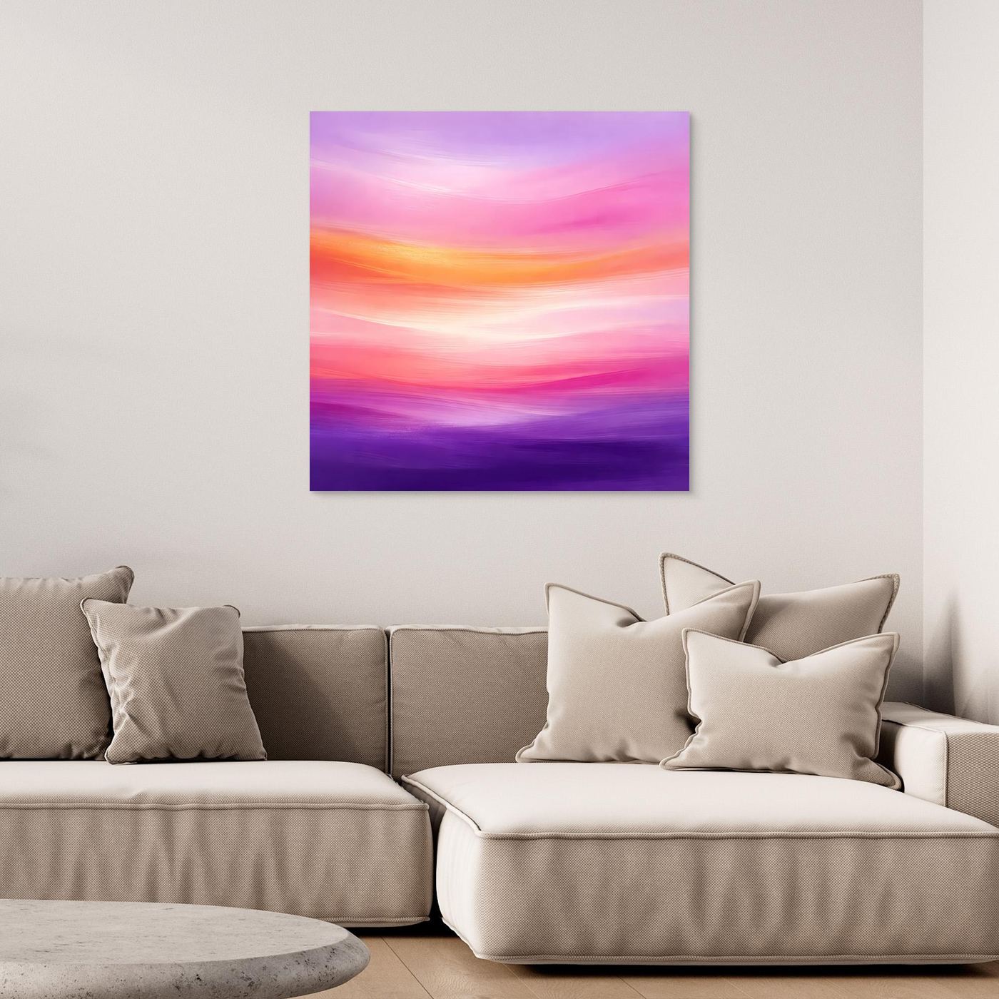 Abstraktes Leinwandbild mit violettem Abendrot-Gradient, horizontnaher Farbverlauf