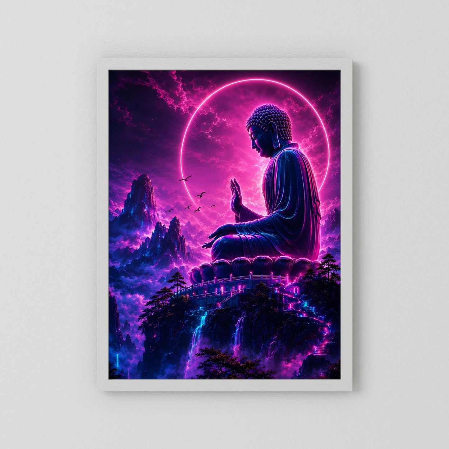 Neon-Buddha-Poster im weißen Passepartout, sitzender Buddha mit leuchtendem Kreis