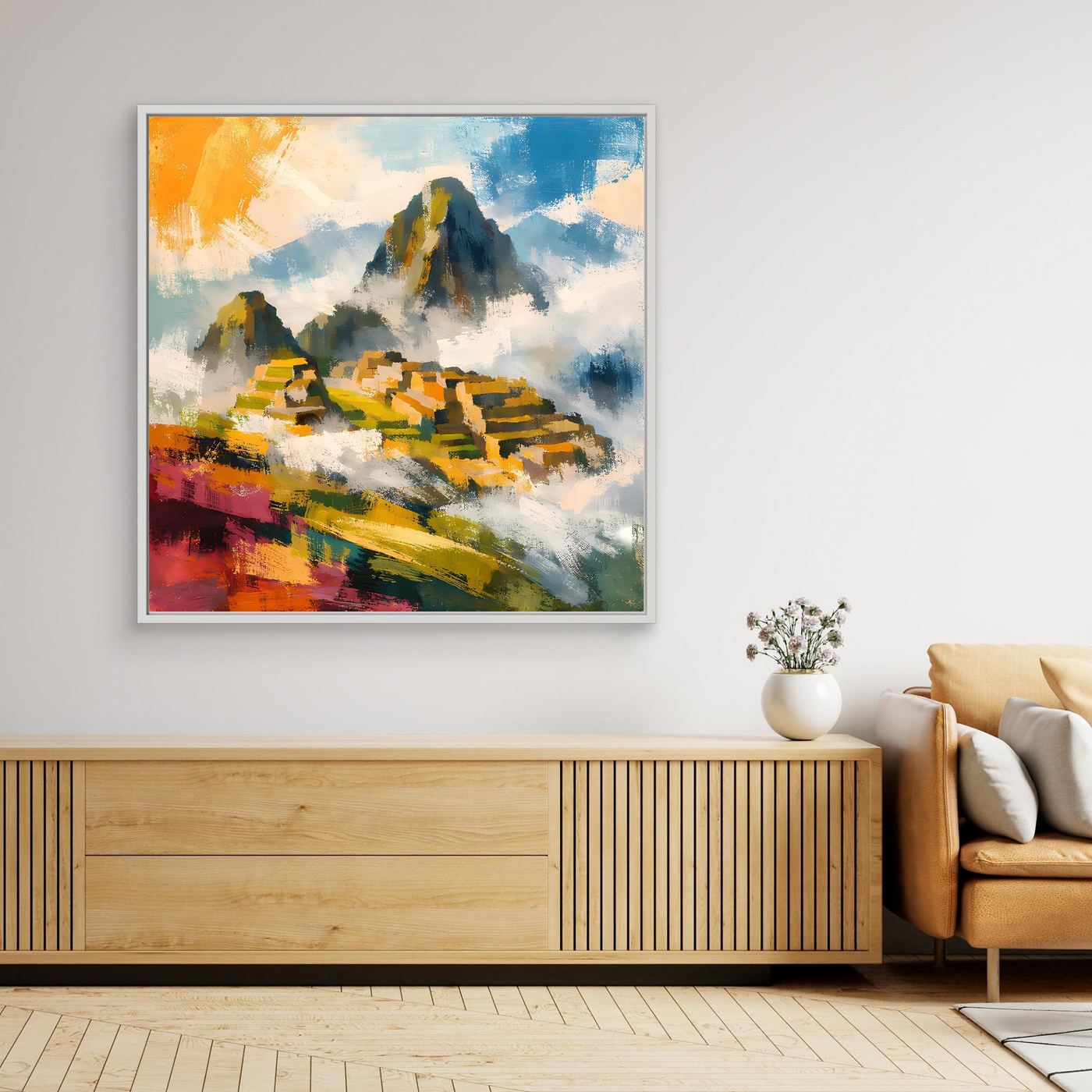 Gerahmtes Leinwand-Wandbild mit abstrakter Berglandschaft und Inka-Ruinen in bunten Farben