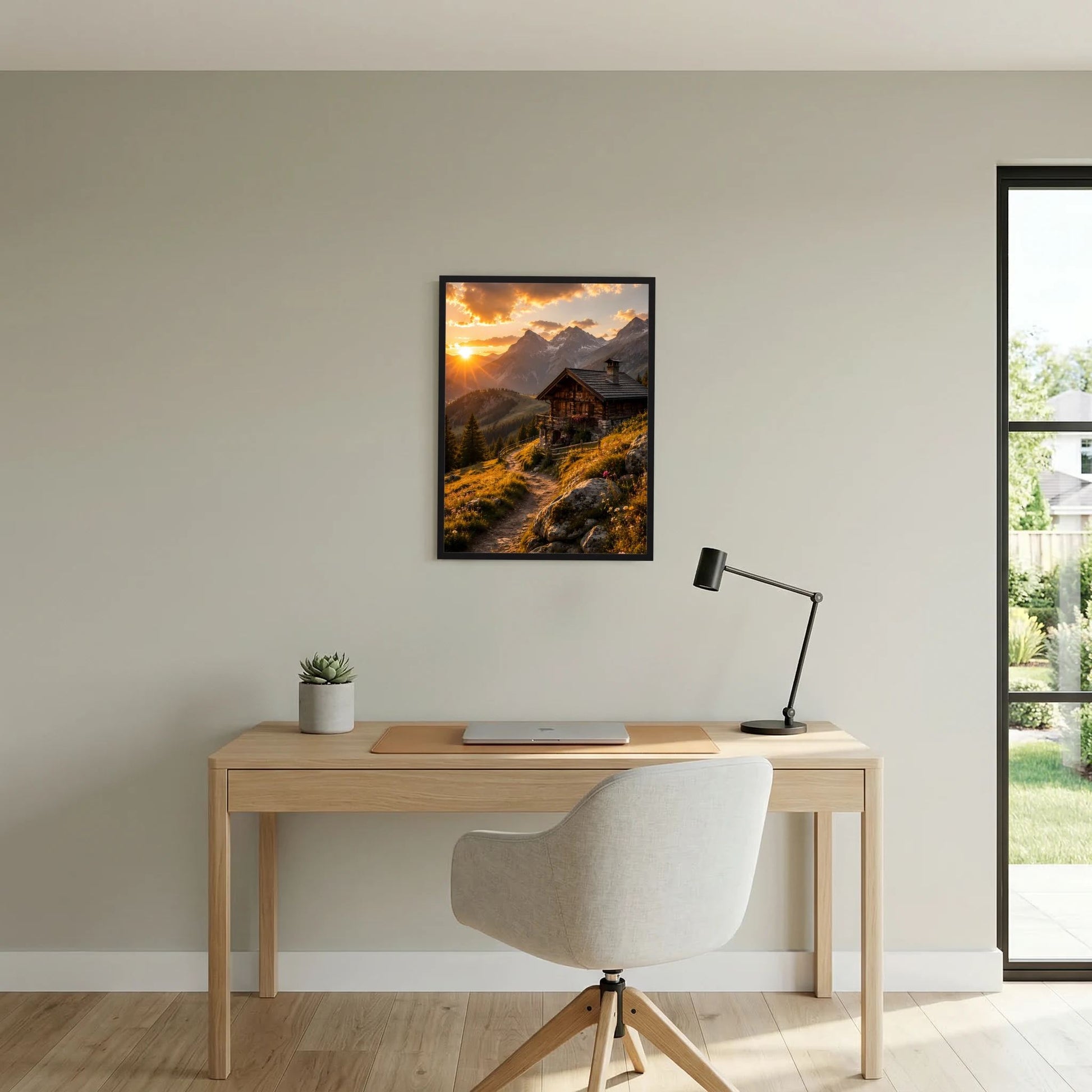 Poster mit Berghütte im Sonnenuntergang, schwarzer Rahmen an der Wand