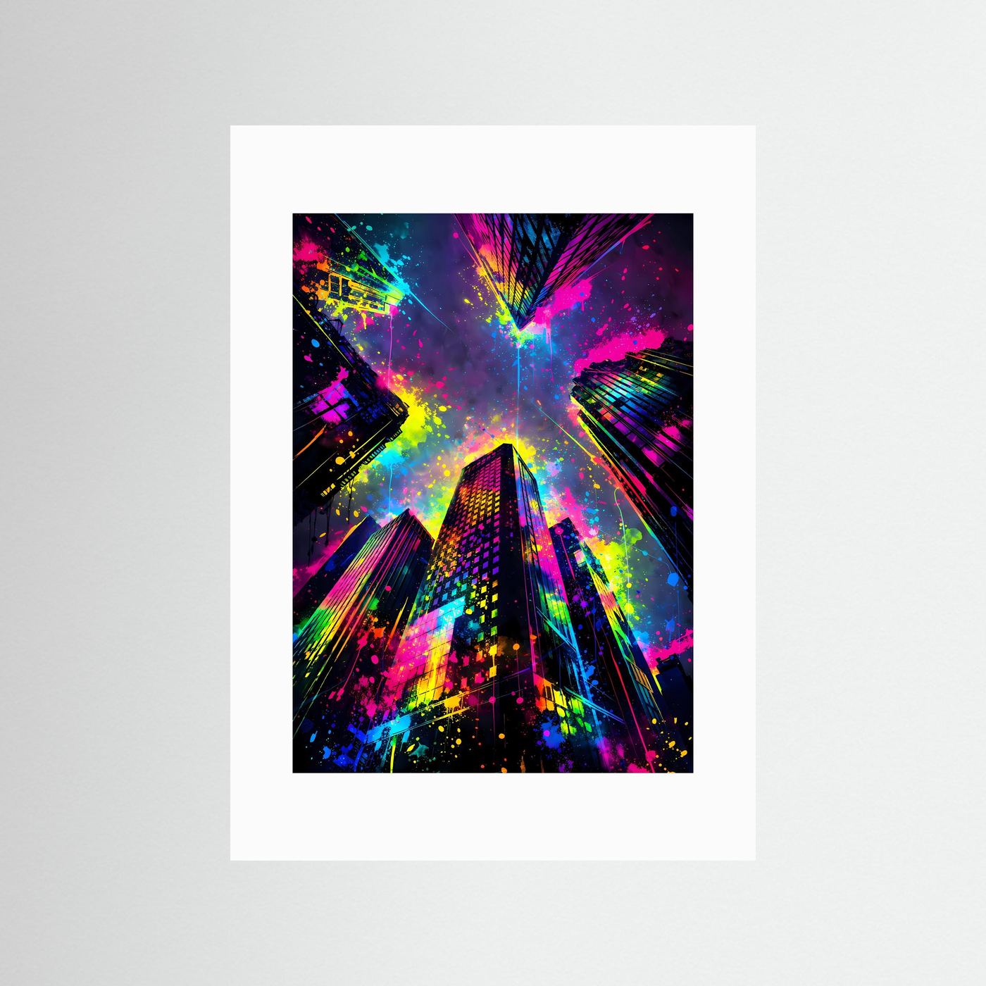 Urbane Farbexplosion | Abstraktes Wolkenkratzer Poster aus der Froschperspektive | Modernes Skyline Kunstposter Hochformat