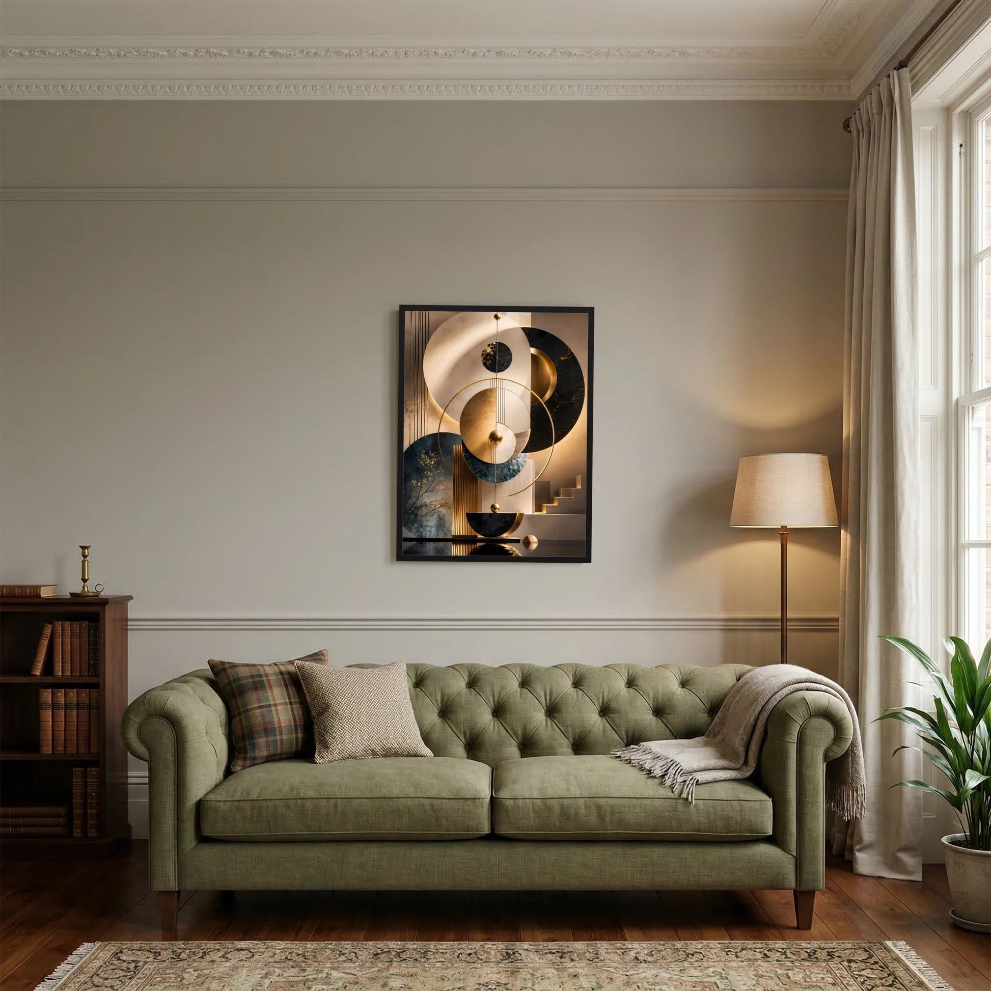 Vertikales Poster mit abstrakten goldenen Kreisen in Schwarz, Beige und Petrol im schwarzen Rahmen