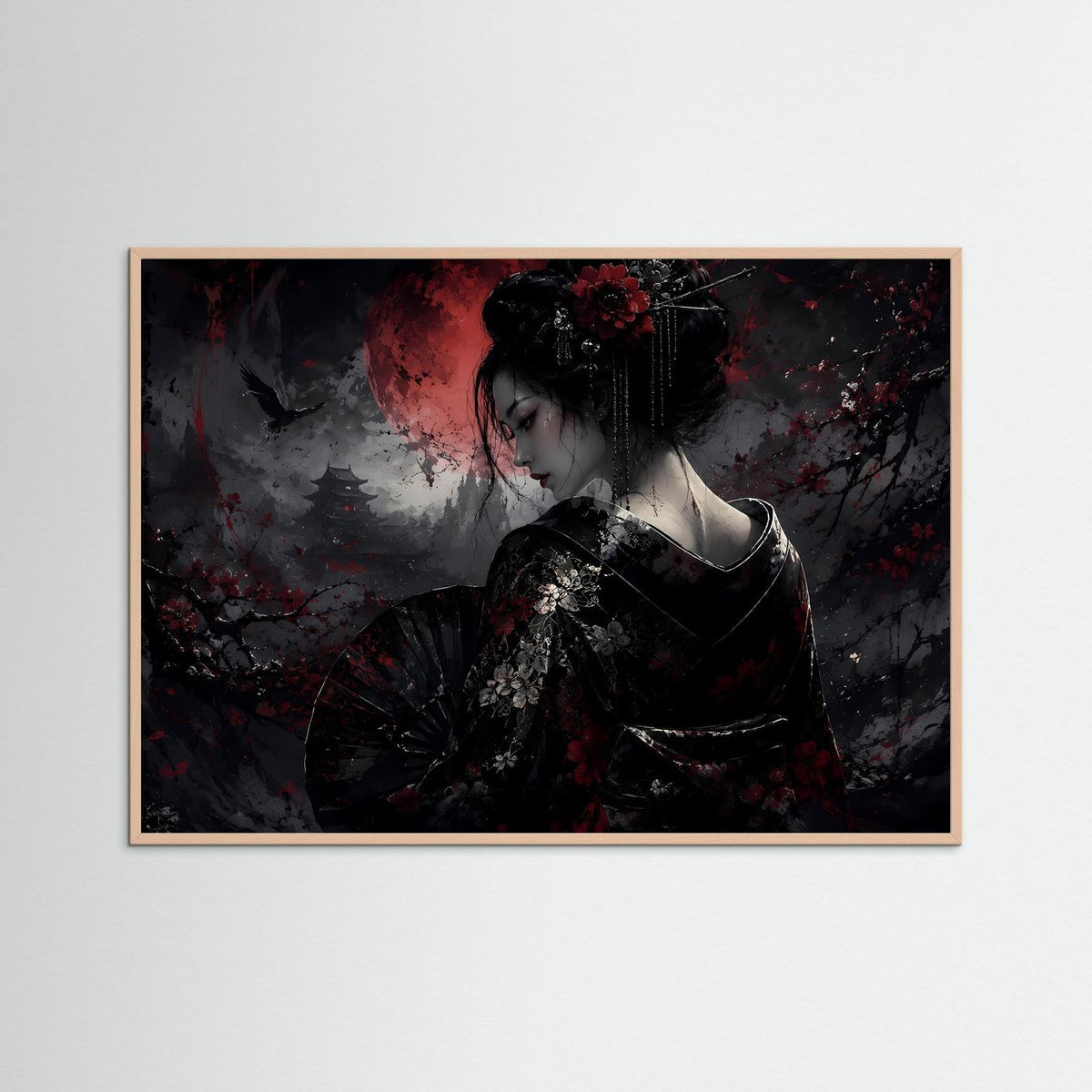 Japanische Wandkunst in Roséholzrahmen: Geisha im Kimono mit rotem Mond und Kirschblüten