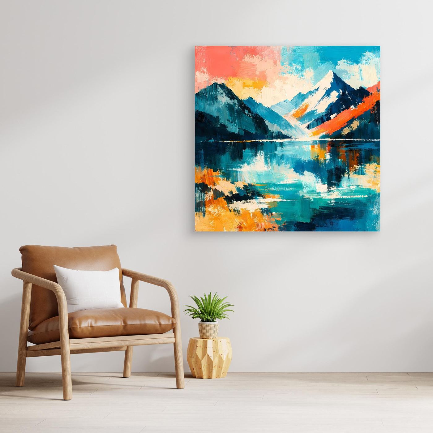 Leinwandbild mit abstrakten Bergen und See in Blau, Türkis und Orange, gerahmt