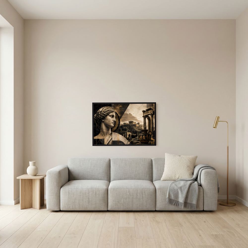 Wandbild mit Antik-Statue im Schwarz-Gold-Stil, schwarzer Rahmen