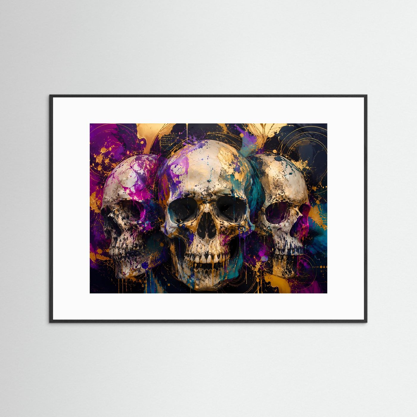 Mystische Totenköpfe mit Gold & Farbexplosion | Modernes Gothic & Abstraktes Poster im Querformat
