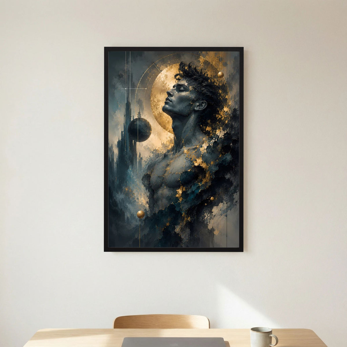 Kosmischer Mann in Gold und Anthrazit | Mystische abstrakte Weltraumkunst | Poster Hochformat