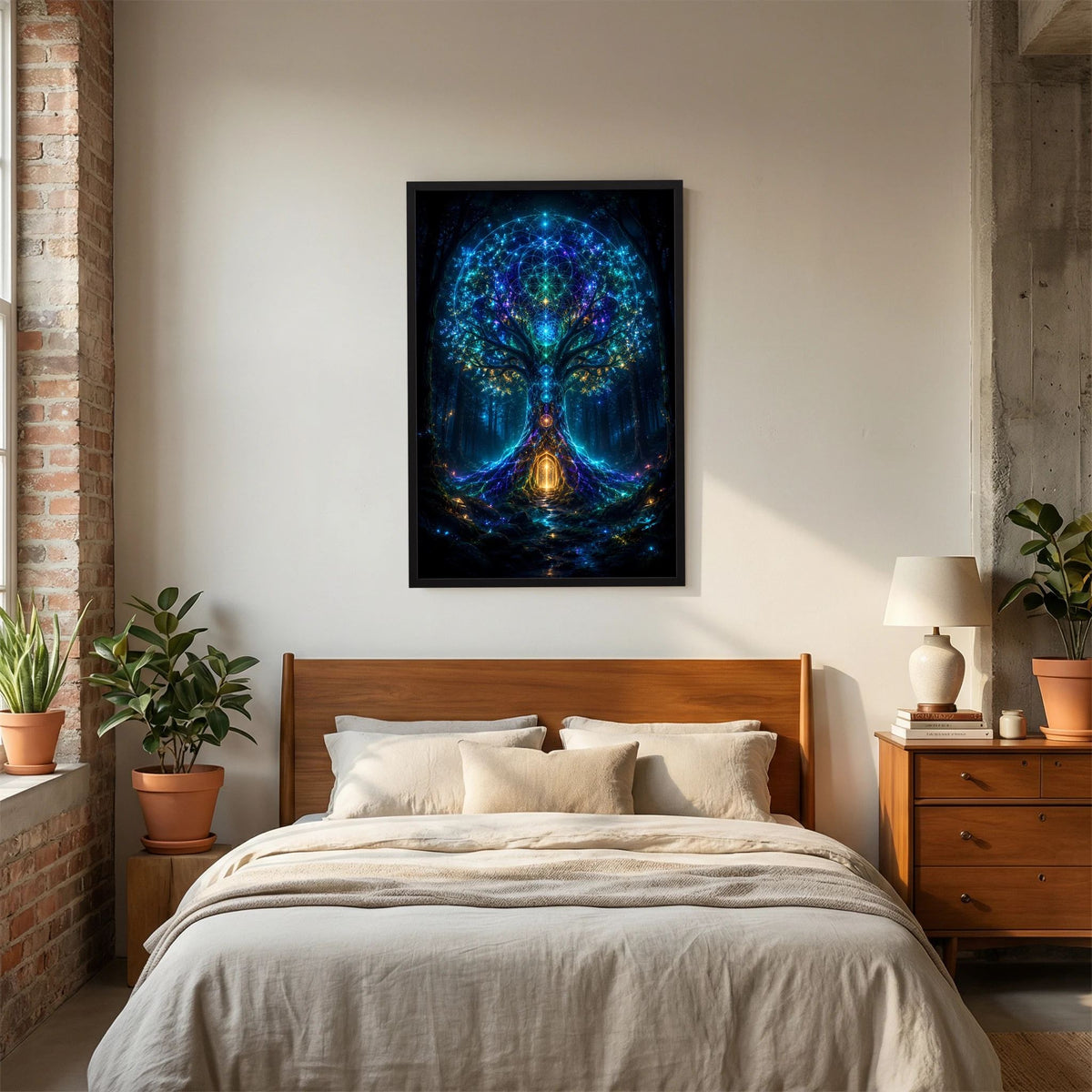 Poster im Hochformat mit mystischem Portal-Motiv und leuchtendem Baum, schwarz gerahmt