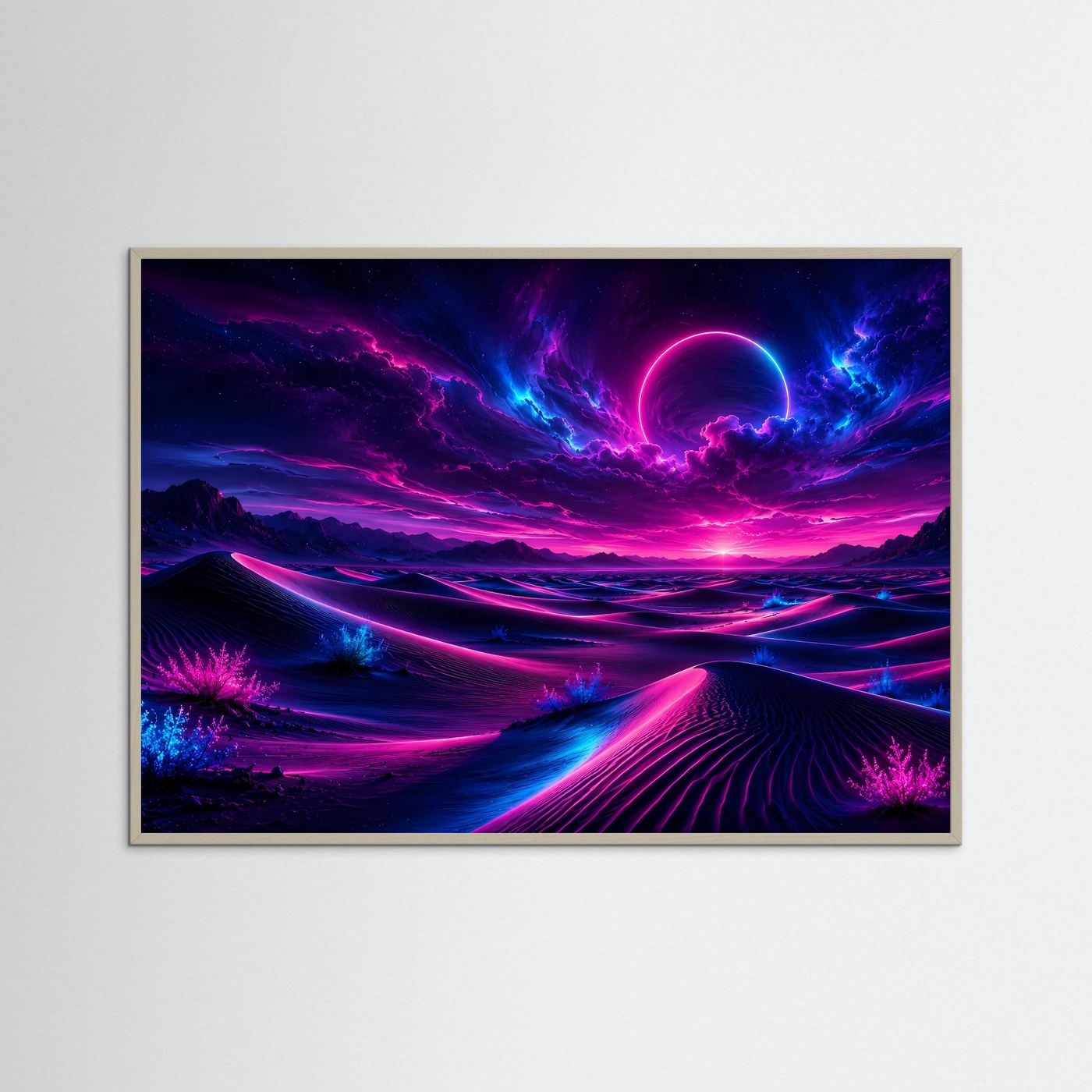 Neon Wüste Poster Querformat | Futuristische Landschaft in Pink & Blau | Cyberpunk Sci-Fi Wandbild