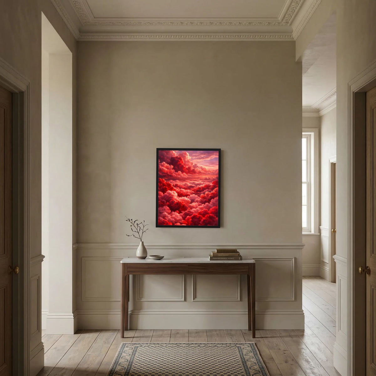 Gerahmtes Kunstposter mit roten Wolken und rosa Sonnenuntergang an verzierten Wänden