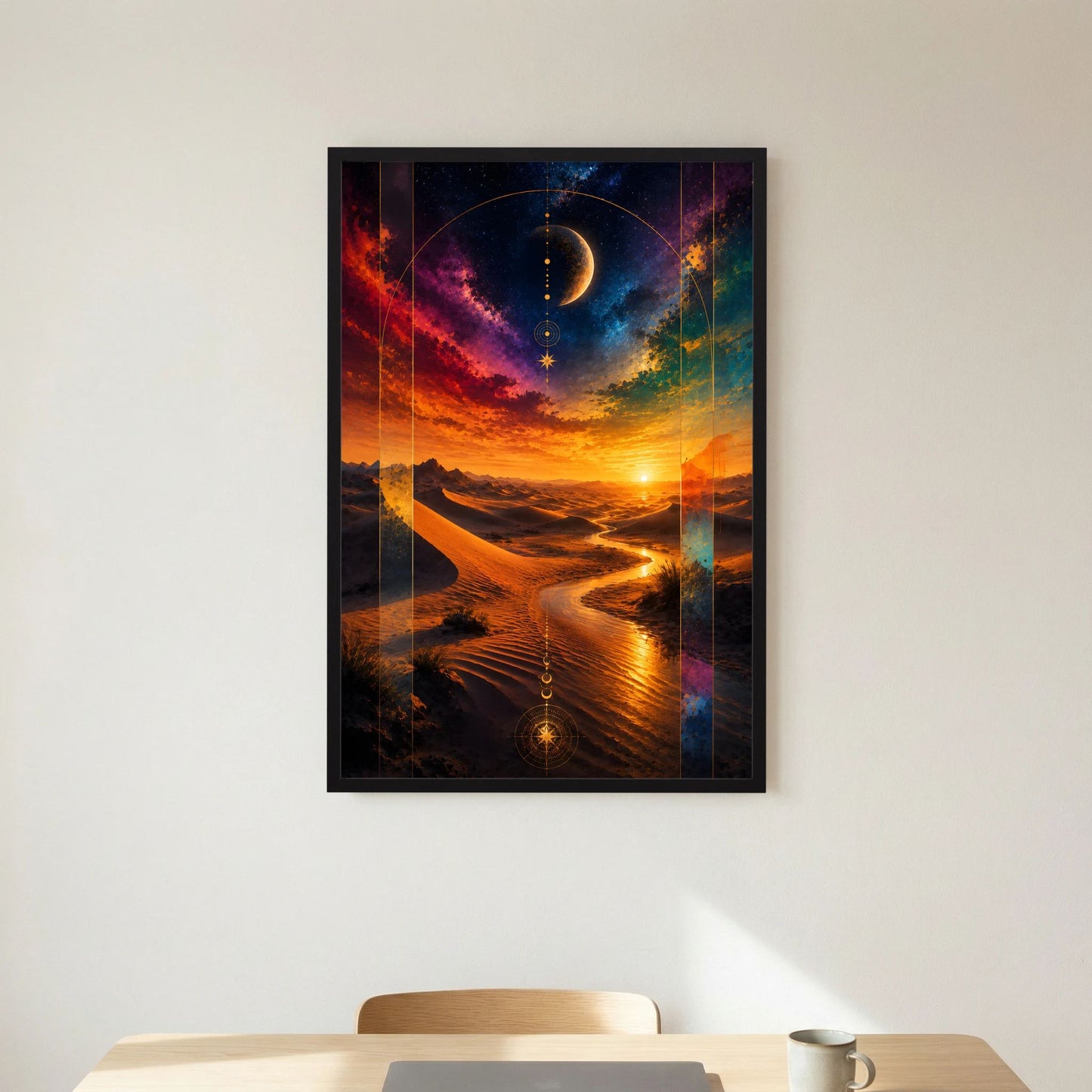 Poster Hochformat mit schwarzem Rahmen: Wüstenlandschaft, orange Sonnenuntergang, Mond.