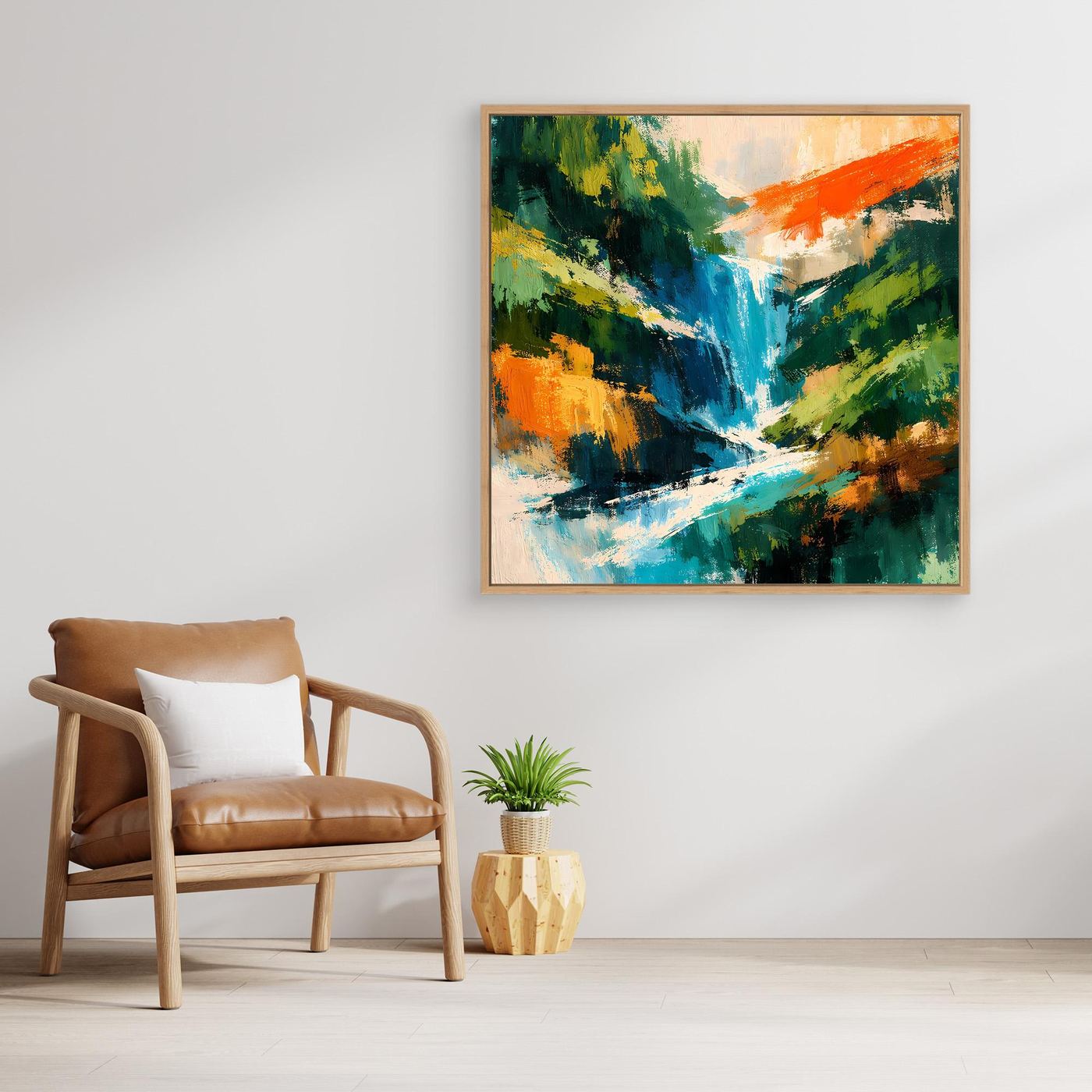 Abstraktes Leinwand-Wandbild mit Wasserfall-Motiv, brauner Holzrahmen