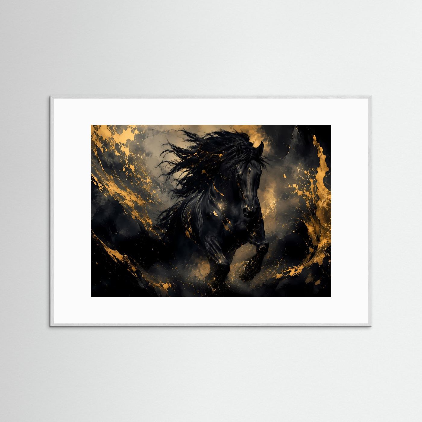 Tier-Poster mit schwarzem Pferd und goldenen Akzenten, grauer Rahmen