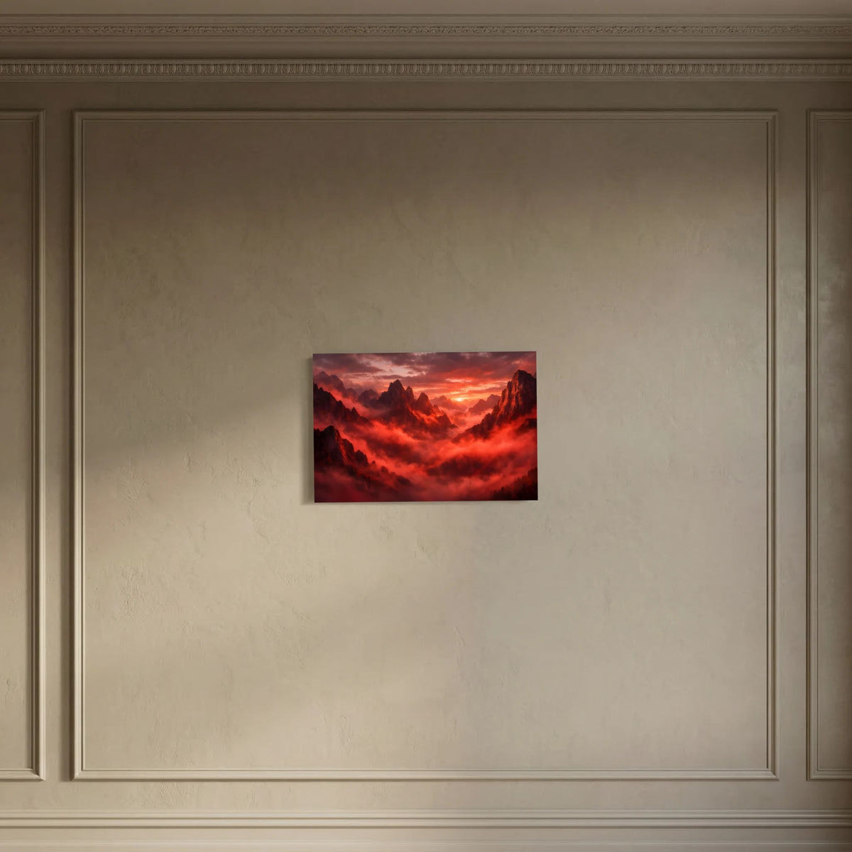 Kleines Wandbild im Querformat mit roter Nebellandschaft und Sonnenuntergang