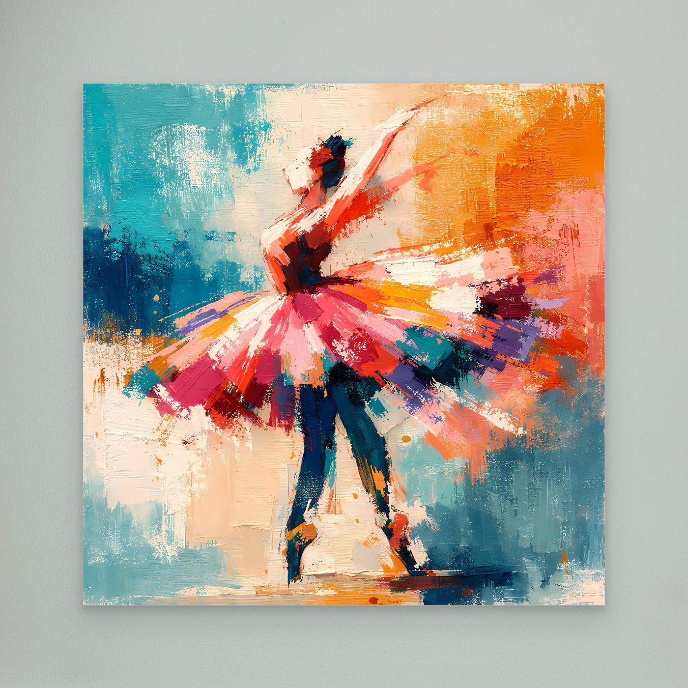 Abstract ballerina wall art, red tutu dancer with teal, blue, and orange paint strokes