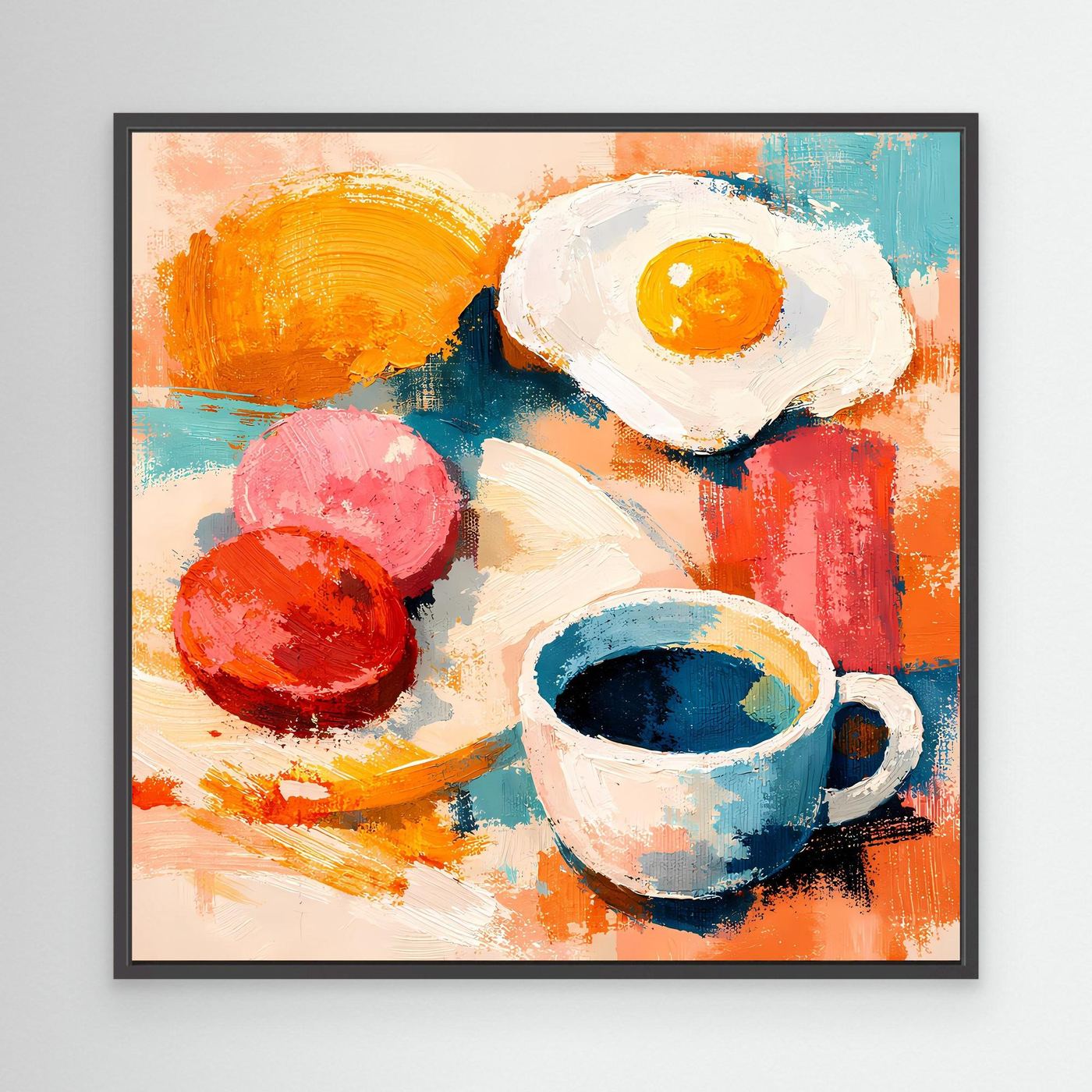 Abstraktes Frühstück-Wandbild mit dunklem Rahmen: Spiegelei, blauer Kaffeebecher, rote Früchte