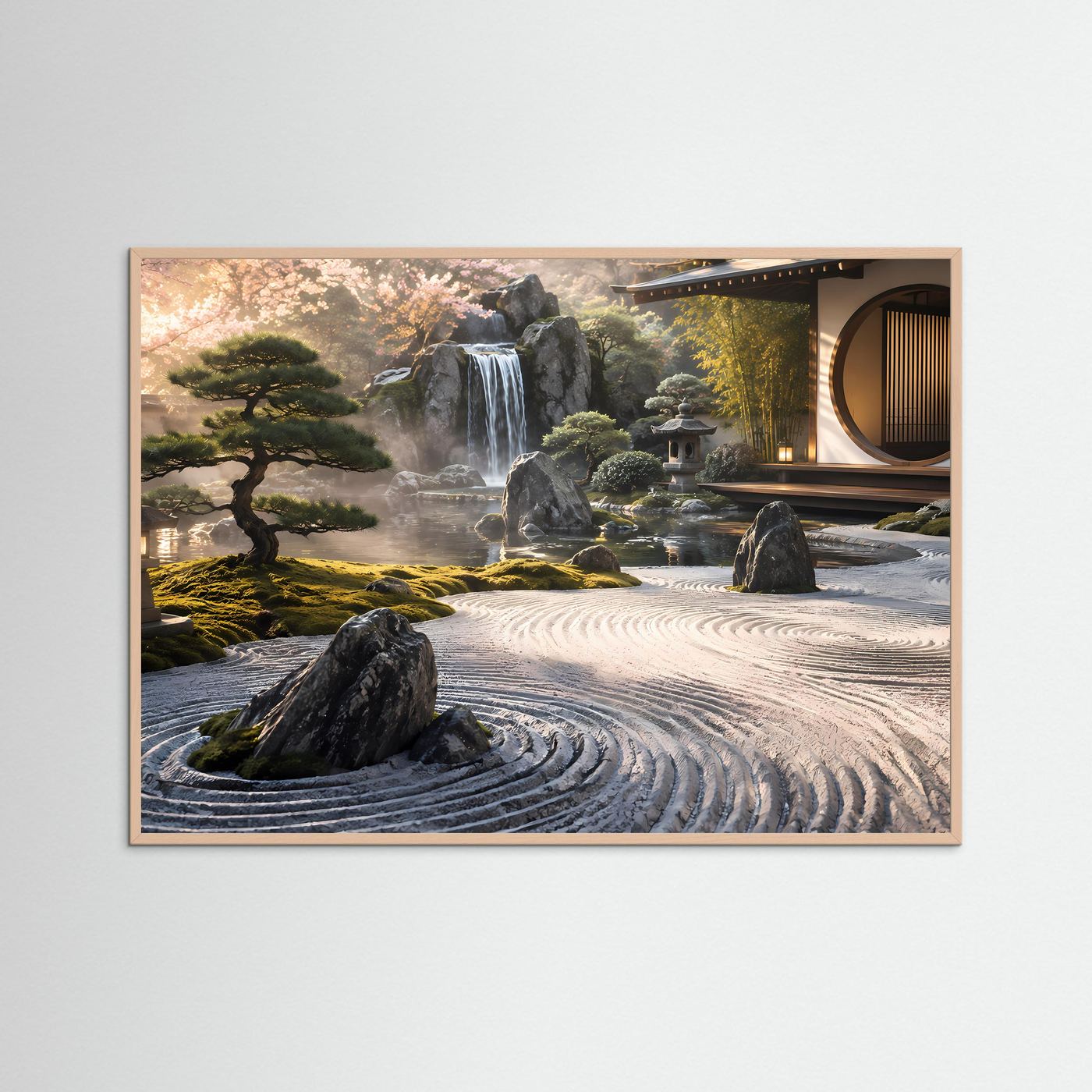 Japanischer Zen Garten Poster | Asiatischer Garten mit Wasserfall | Japan Landschaft Wandbild | Meditationskunst | Moderne Premium Leinwand