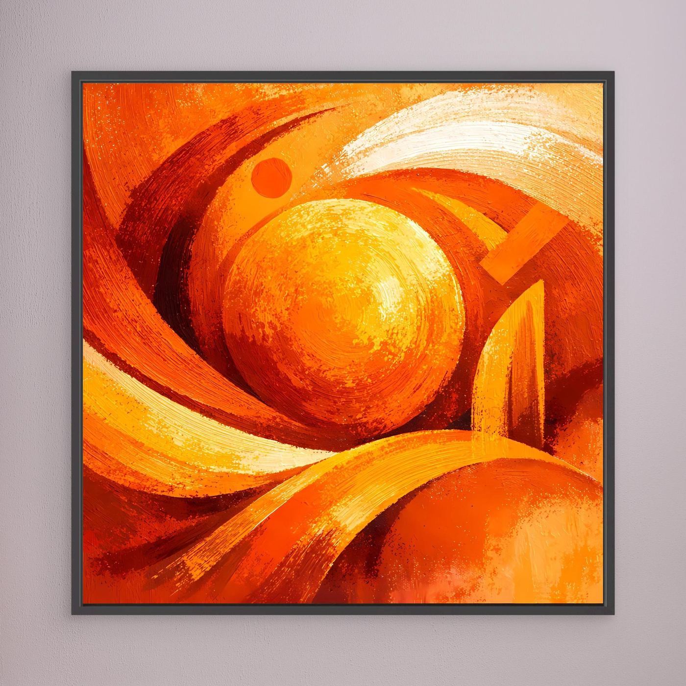 Leinwand-Wandbild mit abstrakter Wirbel-Sonne in Orange und Gelb, schwarz gerahmt