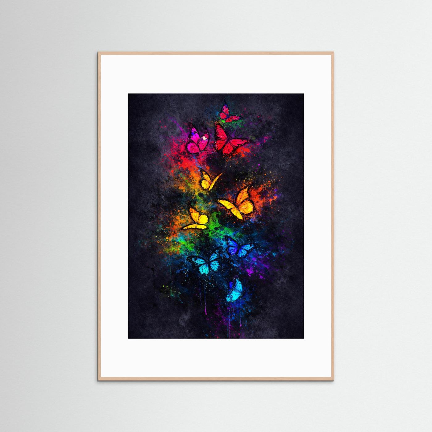 Wandbild mit Schmetterlingen im Regenbogen-Stil, im beigen Rahmen und weißem Rand