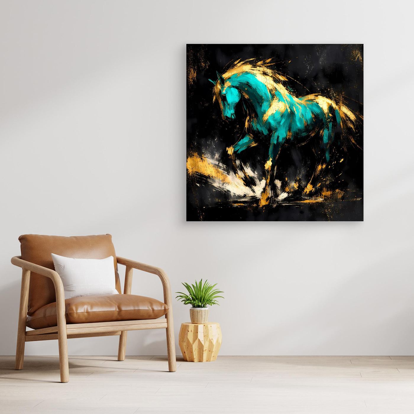 Leinwand Kraftvolles Pferd in Türkis und Gold | Modernes Abstraktes Wildtier Wandbild