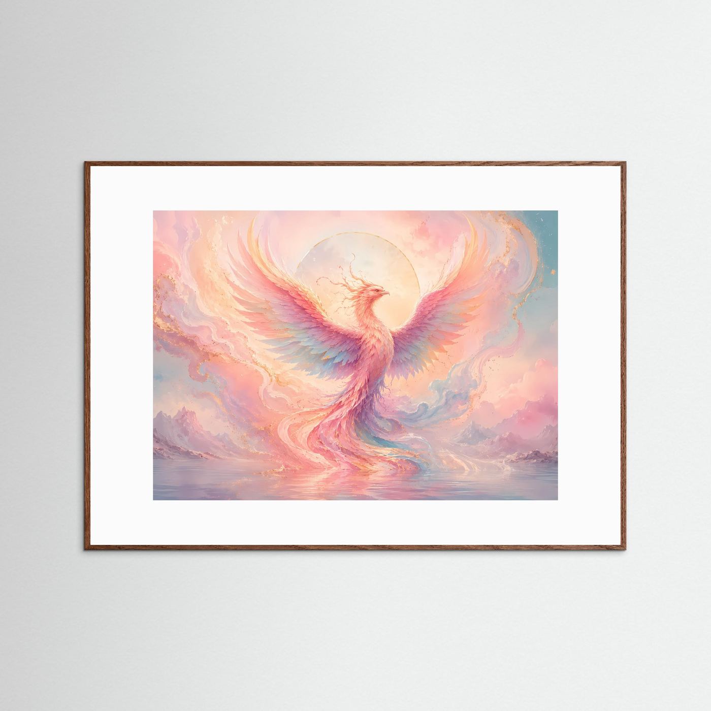 Phönix Poster Pastell | Mystischer Feuervogel Wandkunst | Abstrakte Fantasy Kunst | Elegantes Wandbild in Rosa & Gold