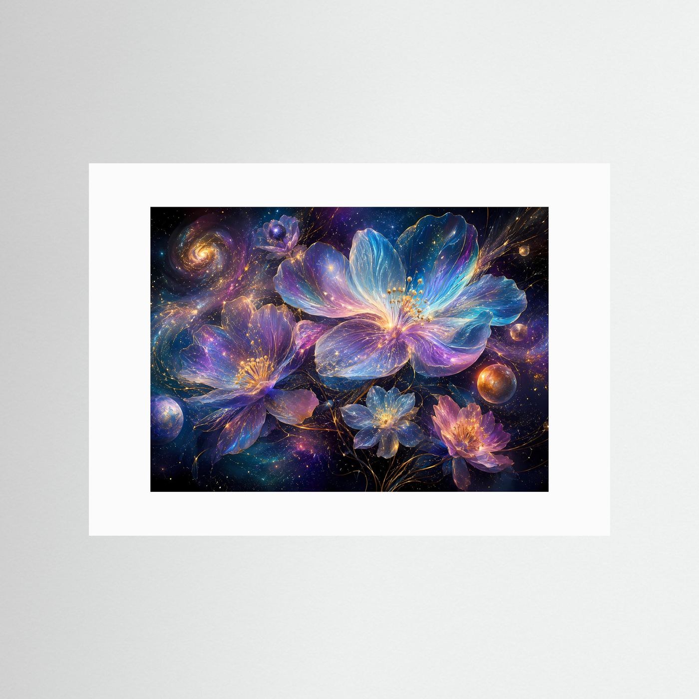 Kosmische Blüten | Galaktisches Blumen-Wandbild in Blau, Violett & Gold