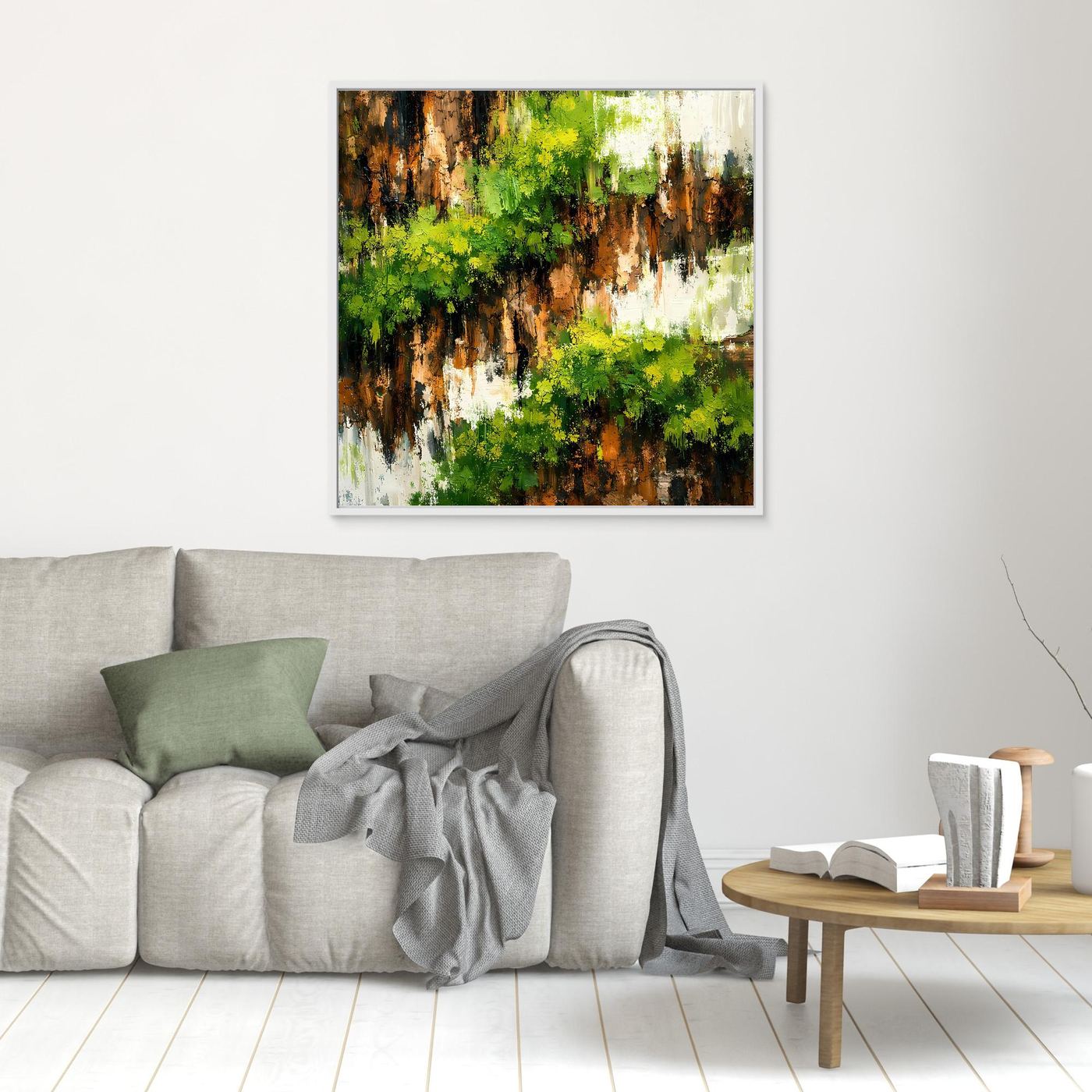 Quadratisches Leinwand-Wandbild mit bewachsener Felswand, weißer Rahmen