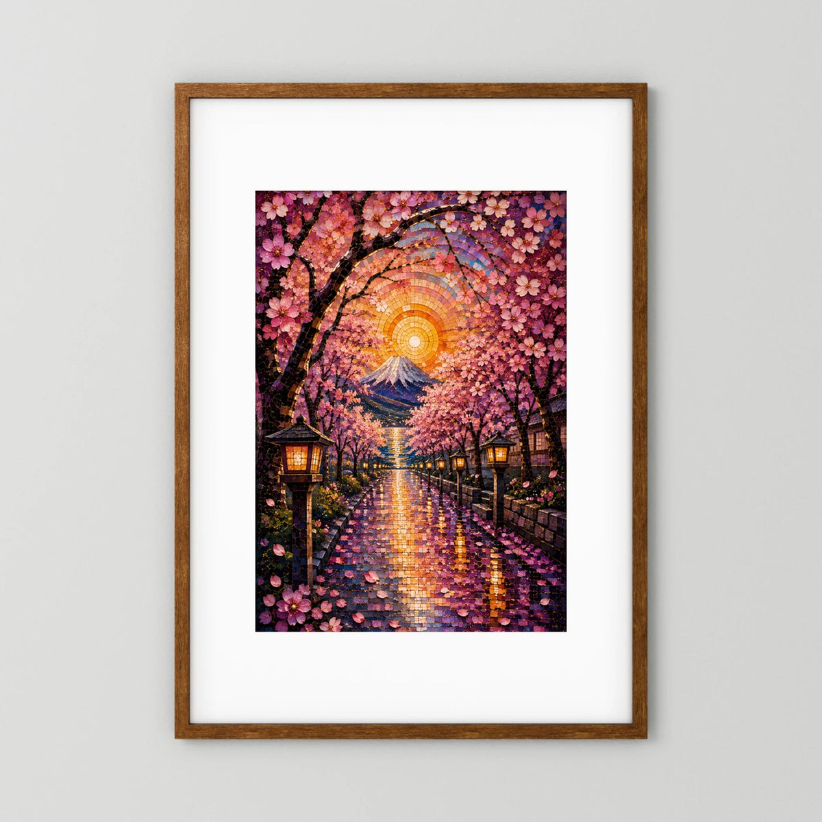Kirschblütenweg zum Fuji | Japanisches Mosaik mit Sakura & Laternen | Poster Hochformat