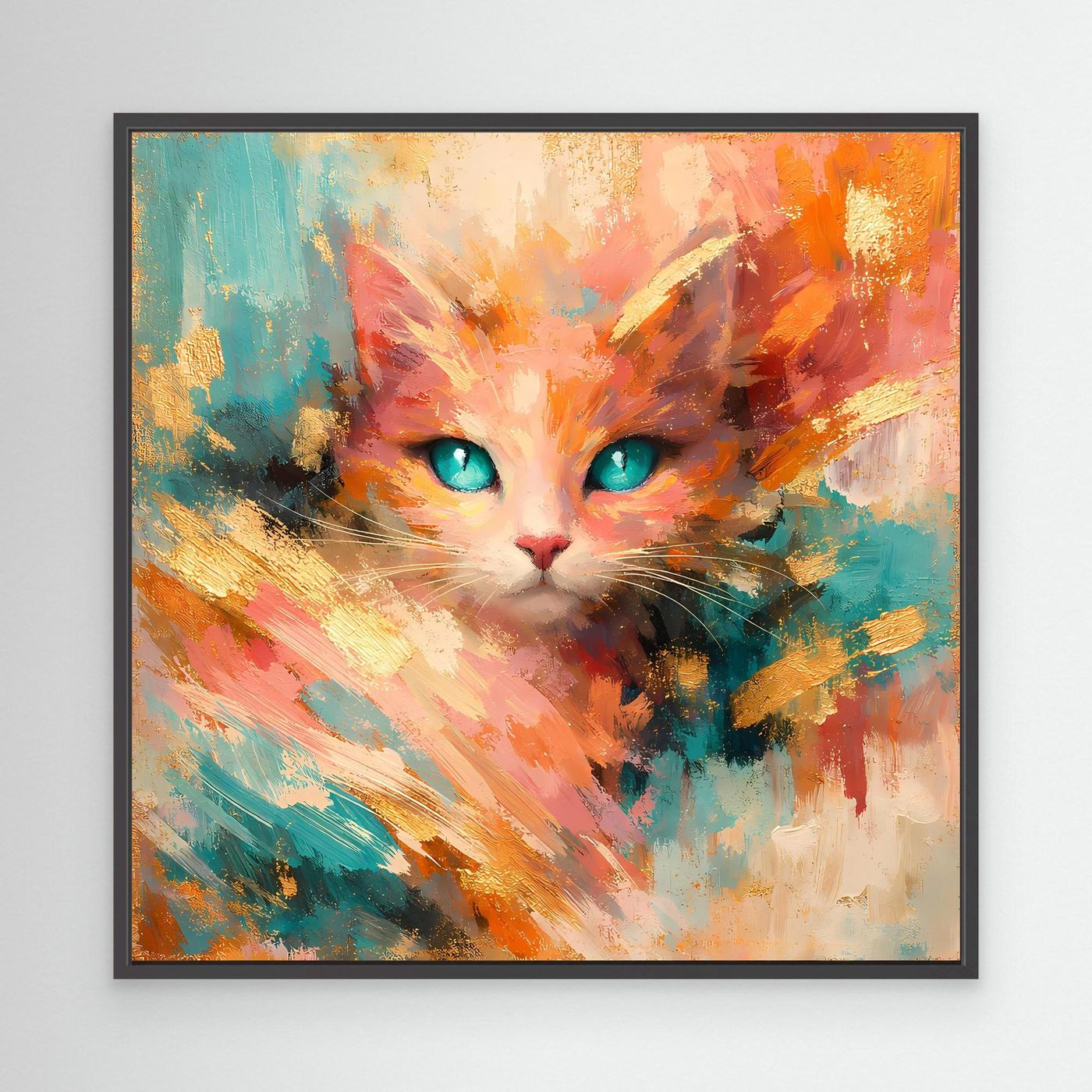 Leinwandbild abstrakte Katze mit türkisen Augen, orange-bunt, im schwarzen Rahmen